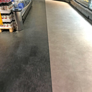 Interlocking floor tiles used in a retail space